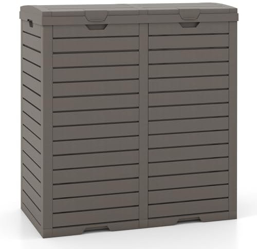 COSTWAY Outdoor Double Bin Trash Can, 235L Waterproof Resin Garbage Can Container with Drip Tray, Dual Lid Closure Design and Handles, Outside Waste Trash Bin for Garden Patio Backyard