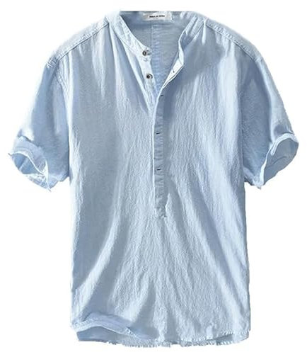 Accurateg Men's New Linen Casual Short Sleeve Shirt, Loose Pullover Mens Shirt Summer (UK, Alpha, XXL, Regular, Regular, light blue)
