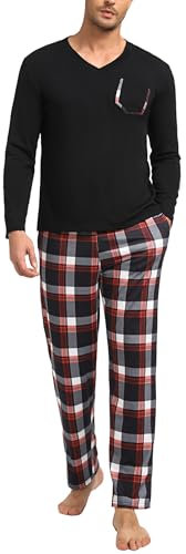 Uniexcosm Pigiama Uomo Lungo Pigiama da Uomo in Cotone Pigiami Due Pezzi da Uomo Invernale Leggero a Tasche Laterali Nero Scuro XL