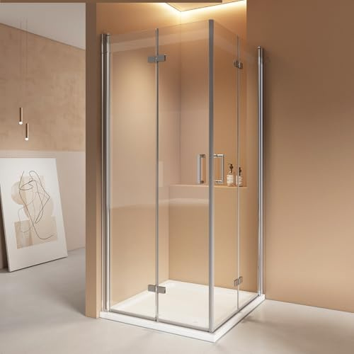 EMKE Duschkabine 80x80 cm Eckeinstieg Duschabtrennung Falttüren mit Pendeltüren 6 mm NANO-Glas Duschkabinen Scharniertür Duschtür Faltbar Dusche Duschwand 195 cm Höhe