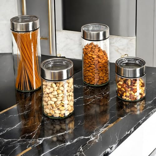 Set of 4 Glass Kitchen Canisters with Stainless Steel Lids, Fresh-Date Dials, Dry Goods Food Storage Containers, Versatile Cereal, Flour, Coffee, Snacks Container Jars for Kitchen Organization