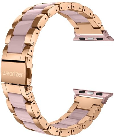 Wearlizer Compatible with Apple Watch Band 38mm 40mm 41mmFashion Wristbands Women, Stainless Steel and Resin Replacement Metal Clasp For iWatch Ultra2/Ultra/SE/10/9/8/7/6/5/4/3/2/1-Dark Rose Gold+Pink