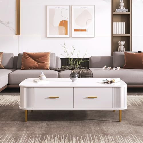 BTM Table Basse Salon, Table Basse Bois avec 4 Tiroirs, Coin Arrondi, Poignées et Pieds de Table Dorés, Moderne, 105x51x36cm, Blanche