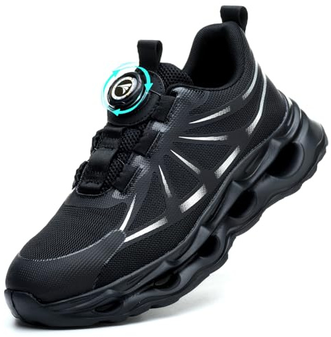 VAVOBIS Safety Trainers Men Womens Steel Toe Cap Trainers Non Slip Safety Shoes Lightweight Work Trainers Puncture Proof Work Shoes with Swivel Buckle Shoelaces，Black UK 6