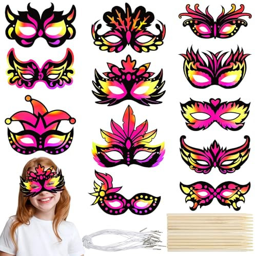 BOFUNX 24 Stück Masken Kratzbilder für Kinder Scratch Art Masken Maskerade Kratzbilder Masken Bastelset für Fasching Karneval Geburtstag Zirkus Party Deko