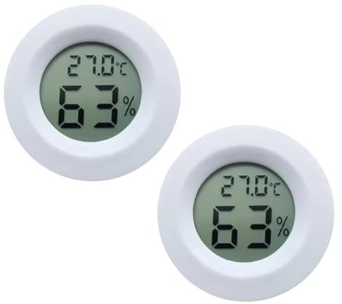 2 Pcs Reptile Thermometer Hygrometer, Round Monitor Humidity Meter Temperature Gauge Monitor LCD Digital Display for Spider Tortoise Tank Greenhouse Basement Lizard Dehumidifiers Humidifiers (White)