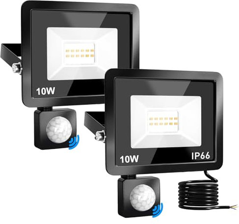 MKKM Led Strahler Mit Bewegungsmelder 10W 2 Stück LED Fluter,IP66 wasserdicht 2200LM Außenstrahler 6000K Kaltweiß Scheinwerfer, ideal für Garten Lagerhaus Spielplatz Haus Hof