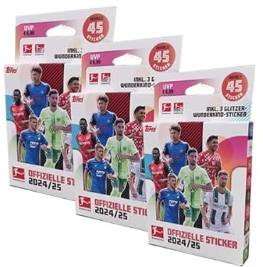 Topps Bundesliga Sticker 2024/2025-3x Eco Blister Pack je 6x Stickertüten + 1 Stickerpäckchen mit 3 exklusiven Holo-Stickern