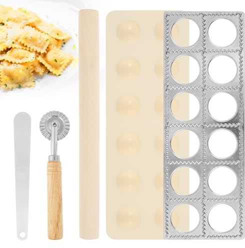 5 Stück Ravioliformen Set,Effizientes Nudelherstellungs Set mit Holz Nudelholz,Teigrädchen und Löffel,Wiederverwendbar,Praktisches Zubehör zur Nudelherstellung für die Hausmannskost(Protokollfarbe)
