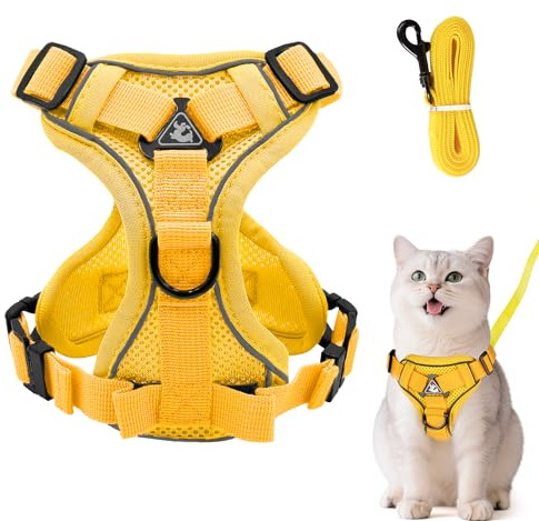 Verstellbares Katzengeschirr Ausbruchsicher, Katzengeschirr mit Leine Set, Softgeschirr für Katze Brustgeschirr für Katzen Kitten Hunde Welpen (Gelb, M)