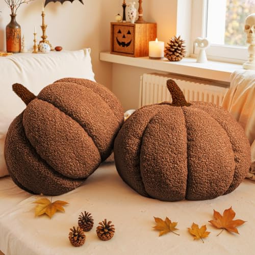 Lanpn Set di 2 Cuscino Zucca Autunnale, Halloween Zucche Decorazioni Cuscini Morbido pile Sherpa Carino Cuscino sagomato 3D per Divano Camera Da Letto (Marrone, 36x26 cm)
