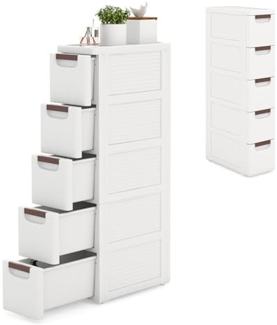 KOMFOTTEU Armario Estrecho con 4 Cajones, Carrito con Ruedas Ahorra Espacio, Estantería Lateral de PP, Mueble de Almacenamiento para Baño, Cocina (5 Cajones, 1 Pieza)