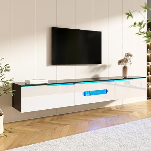 Mobile TV galleggiante, mobile tele con illuminazione a LED, armadio TV in soggiorno, mobile TV con 3 ante a battente, armadio portaoggetti TV, per soggiorno, camera da letto (beige+nero, 180 x 35 x