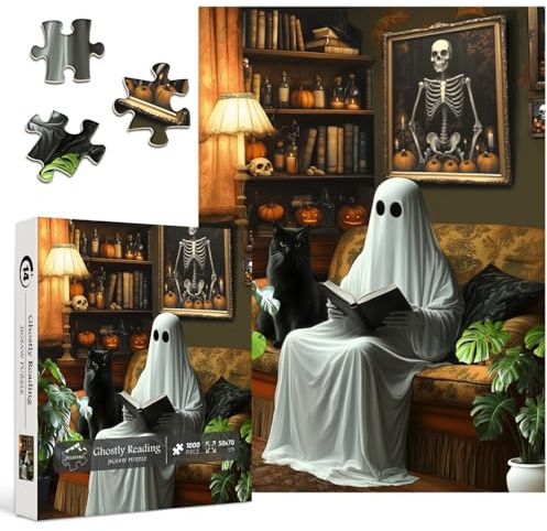 Halloween Ghost Puzzles for Adults 1000 Pieces，PICKFORU Horror Cat Jigsaw Puzzle Kitten, Impossible Spooky Living Room Art Theme, Challenging for Adults