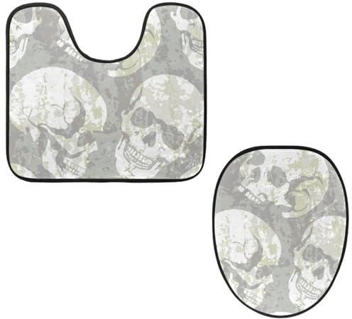Eslifey Toilettendeckelbezug und U-förmige WC-Bodenmatte Set mit 2 Stück, Totenkopf-Köpfe, Toilettenmatten-Set, maschinenwaschbar, Sitzbezüge, rutschfeste saugfähige Teppiche