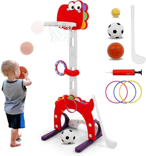 EULEUY 5-in-1 Wurf- und Basketballspiel für Kinder Höhenverstellbar 95-135cm, Kleinkind Basketballkorb,Fußballtor Spielzeug,Golf für Kinder,Wurfspiel Und Ringwurf.Outdoor Spielzeug ab 3 Jahre(Rot)