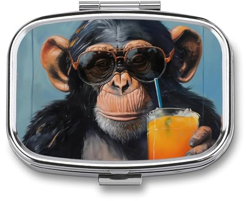 Getränk und Affe Pillendose 2 Fächer Tablettenbox für Tasche Geldbörse Medizin Vitamin Organizer 5.5x4cm