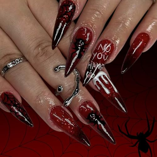 Viugex 24Pcs Halloween Almond Fake Nails, Long Stiletto French Press on Nails, Wine Red Spider Web Glossy False Nail, Glitter Gradient Glue on Nail, Removable Full Cover Stick on Nails for Women Girls