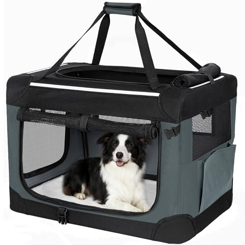 Fobyfurny Hundebox Faltbar mit 3-Türen, 91,4 x 63,5 x 63,5 cm, Grau | Hundetransportbox Tragbare, Transportbox Hund Atmungsaktiv, Reflektierenden Verzierungen, Taschen, Oxford-Gewebe, FPDT003OG1
