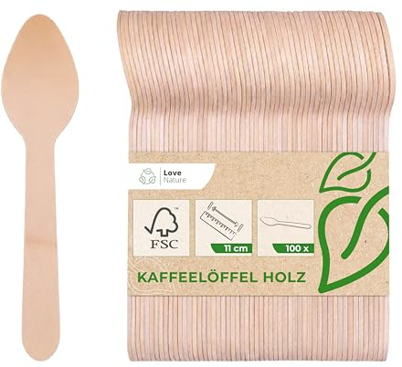 Love Nature Einwegbesteck Kaffeelöffel – 100 Stück Holzlöffel Klein 11cm | Einweg Löffel aus Holz für Desserts Umweltfreundlich Biologisch Abbaubar