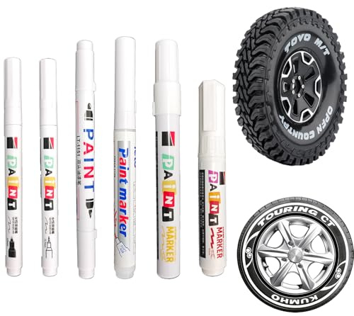 Nurila Pack of 6 white tyre pens, waterproof, car tyre pen, white, 0.5-8 mm, graffiti paint pen, white, white tyre pen, white, large capacity for car, motorcycle, tyre, glass, metal, rubber