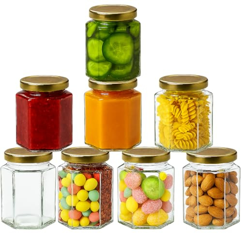 Offer Shop 190ml Hexagonal Glass Jam Jars with Lid - Pack of 8 Airtight Preserving Glass Jars for Jam, Yogurt, Pickle- 8 Set jars