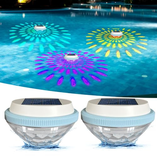 KUWUNG 2 Stück Solar Schwimmende Poolbeleuchtung, Schwimmende Solarleuchten mit 7 Farbwechsel, Wasserdichte Teichbeleuchtung Solar Pool Licht für Schwimmbad, Pool, Teich, Brunnen, Party, Lawn (A)