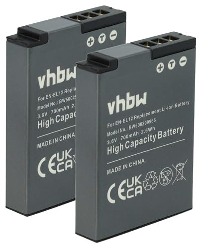 vhbw 2X Batterie Remplacement pour Nikon EN-EL12 pour Appareil Photo (700mAh, 3,6V, Li-ION)