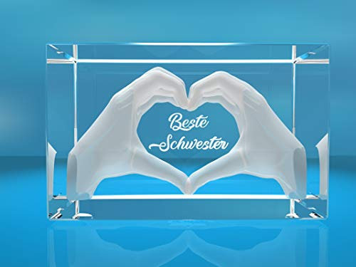 VIP-LASER 3D Glas Kristall mit Gravur I Herz aus zwei Händen mit Text: Beste Schwester! I Geschenk zum Geburtstag, Weihnachten, oder einfach so!
