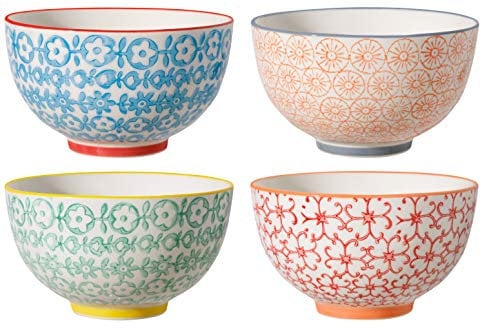 Bloomingville Schalen Carla Express Retro Dessertschalen Schüssel Vintage Ø 11,5 cm, rot blau grün orange, Keramik, 4er Set, fasst ca. 280 ml