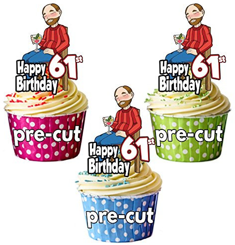 AK Giftshop PRECUT Gin and Tonic Drinker - Men's 61st Birthday - Edible Cupcake Toppers/Cake Decorations (Pack of 12)