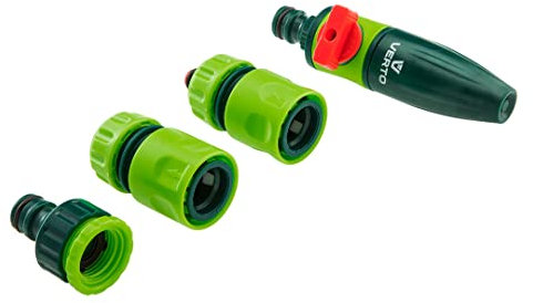 VERTO Reinigungsspritze mit 1/2 Schlauchverbinder, Wasserstop und Hahnverbinder - Einstellung der Wasserstrahlintensität - Grün Gartenschlauchspritze mit Stoppfunktion - für die Garten Bewässerung