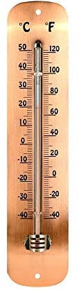Esschert Design Thermometer aus verkupfertem Edelstahl, rotes Farbstoffpulver, 6,7 x 1,3 x 30cm, Garten Thermometer, Celsius und Fahrenheit Skala