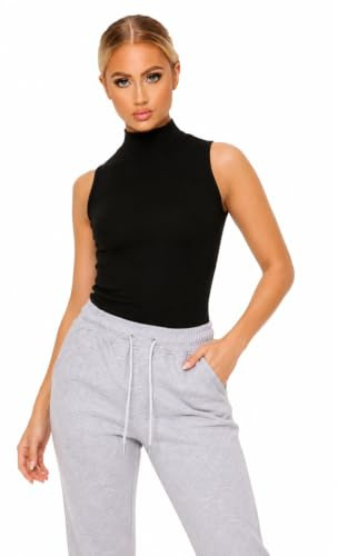 Women's Sleeveless Polo Neck Top High Turtle Neck Stretch Vest Ladies Plain Bodycon Casual Layering Top