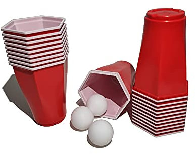 trooplex Hexagon Bierpong Becher | 22 Redcups mit 3 Bällen | 500 mL Mehrweg Plastik | American Beer Pong Party Set Red Cups 16 oz für Partys Festivals als Geschenk oder zum Vorglühen Trinkspiel (Rot)