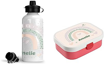 wolga-kreativ Personalisiertes Set Mepal Campus Kinder Vesperbox und Trinkflasche Frühstücksset Regenbogen Herz Lunchbox mit Fächern und Unterteilung als Geschenk Schule und Kindergarten