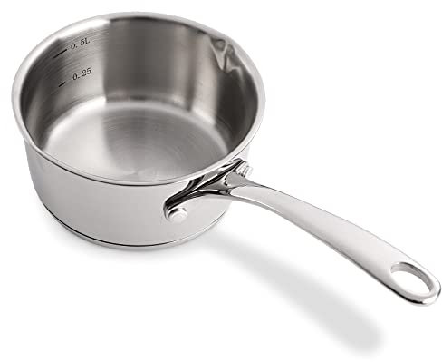 DEAYOU 18/10 Stainless Steel Milk Warmer Saucepan, 0.5-Quart Butter Warmer Pot with Dual Pour Spouts, 17oz/500ml Small Sauce Pan for Stove Top, Chocolate Melting, Coffee Tea Soup Warming
