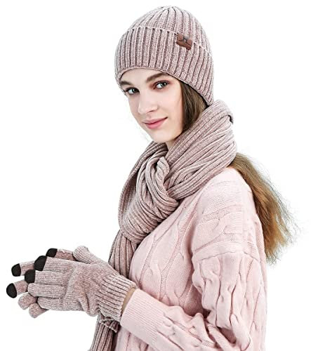 LumiSyne Winter 3 In 1 Mütze Schal Handschuh Sets Für Herren Damen Exquisite Jacquard Einfarbig Schal Beanie Strickmütze Touchscreen Handschuhe Fortschrittlicher Weicher Chenille Stoff (Rosa)