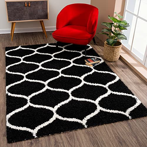 SANAT Madrid Shaggy Teppich - Hochflor Teppiche für Wohnzimmer, Schlafzimmer, Küche - Schwarz, Größe: 140x200 cm