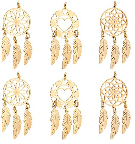 DICOSMETIC 6Pcs 3 Style Edelstahl Golden Dreamcatcher Anhänger Mit Feder Indianer Style Dream Catcher Anhänger Woven Net Charme Für Armband Halskette Ohrringe Herstellung