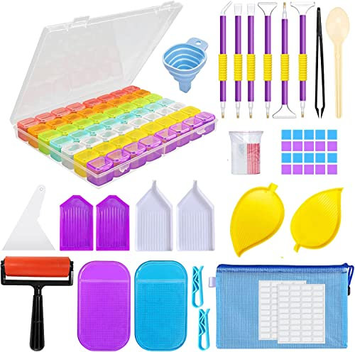 TOPSEAS Diamond Painting Accessoires,126 Pièces Outils de Peinture Diamant,avec Boîte de Rangement Diamant, Point Stylo Rapide, Pincettes, Colle, Plateau en Plastique