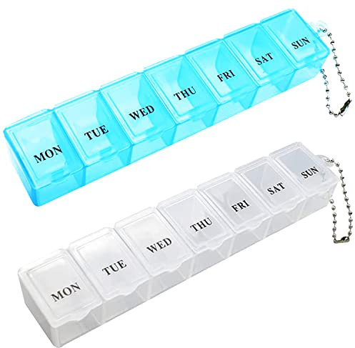 2 Stück Pillendose, tragbarer Pillen-Organizer Reise-Tabletten-Box 7 Tage Tablet-Organizer mit Fächern für Medikamente, Nahrungsergänzungsmittel, Vitamine und Lebertran (Weiß und Blau)