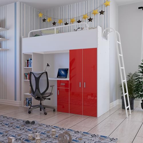 Marlux-Meble Hochbett JSM-4 80x190 mit Kleiderschrank Schreibtisch und Leiter Hochglanz Kinderbetten Funktionsbett Etagenbett Stockbett Kinderhochbett Jugendhochbett (Rot Glanz)