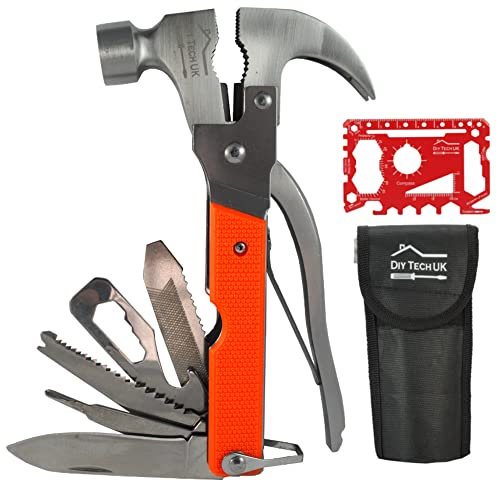 DIY TECH UK - 18 in 1 Camping Multi Tool with Pliers - Multitools and Accessories Hammer Orange + Free 48 in 1 Credit Card Gadget - Wire Cutter, Bottle Opener, Saws, File, Screwdrivers + Pouch