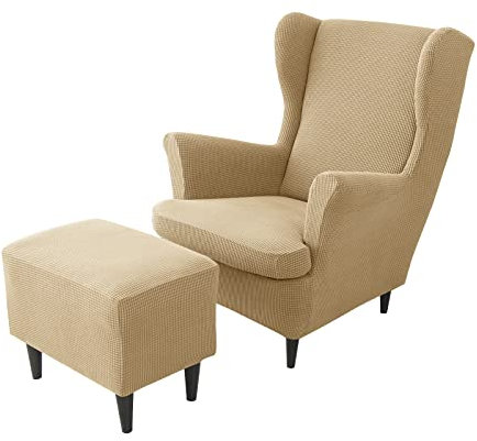 JHLD Stretch Husse für Ohrensessel Mit Ottomane Schonbezug, 2 Stück Jacquard Hockerbezug für Hunde Katzen - Khaki - 3 Stück