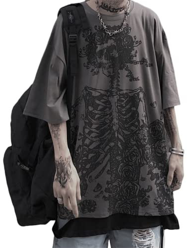 Women Men Y2K T Shirt Skeleton Emo Grunge Oversized Gothic Tee Graphic Streetwear Techwear Alt Baggy Dark Academia, Black, S