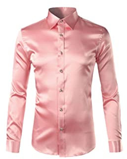 Kiioouu Chemise en satin pour homme - Coupe ajustée - Décontractée - Manches longues - Sans plis, rose, 3XL