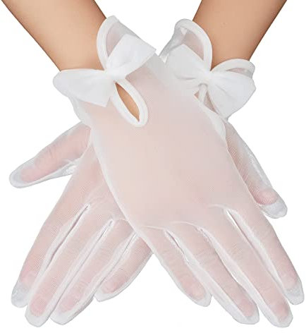 Yolev Short Lace Glove Short Sheer Gloves Women's Tulle Short Wedding Bridal Gloves Short Prom Evening Gloves for Dinner Tea Party