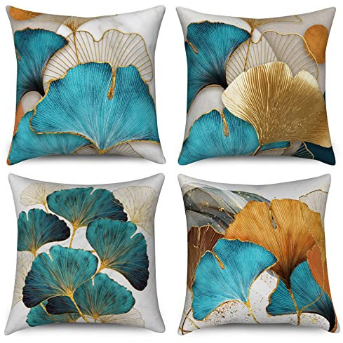 Hnmdmyi Kissenbezug Türkis 45x45 4er Set, Teal und Gold Blumen Blatt Pflanze Bauernhaus Dekorative Kissenbezüge Leinen Kissenhülle für Sofa Couch Bett Garten Outdoor Home Decor