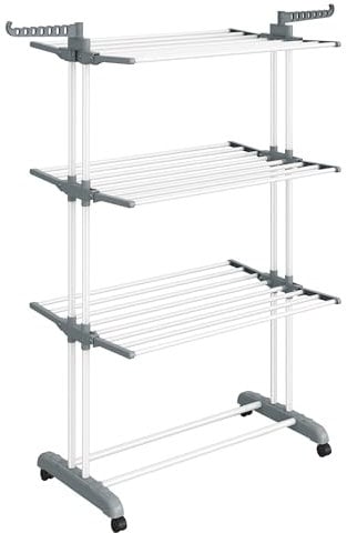 SONGMICS Étendoir à Linge, Séchoir Mobile à 4 Niveaux, avec roulettes, Pliable, 63,5 x 128 x 173 cm, Grande Capacité, Montage Facile, Utilisation Intérieure et Extérieure, Blanc LLR701W01